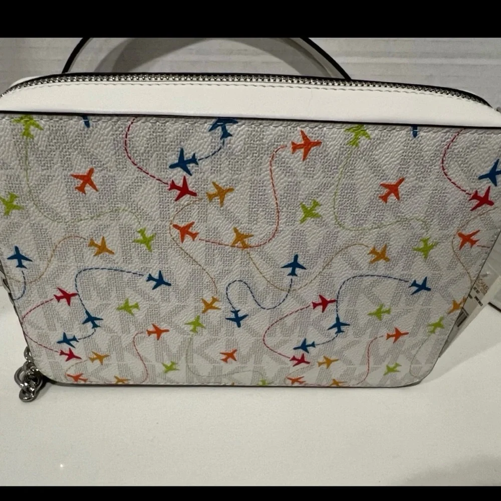 Michael Kors RARE Optic White W/Colorful Airplanes Crossbody